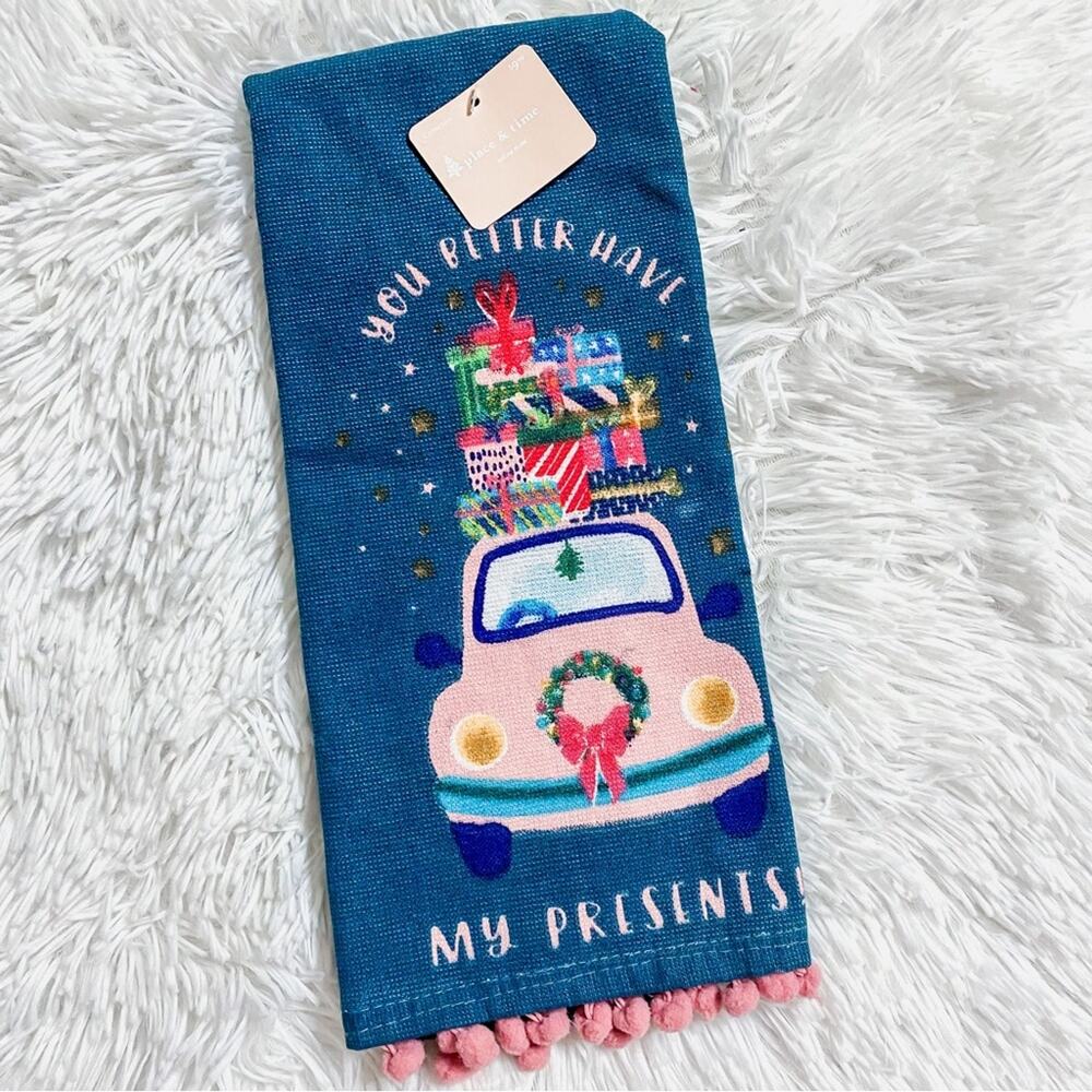 PLACE & TIME • Blue + Pink Pom Pom You Better Have My Presents Towel